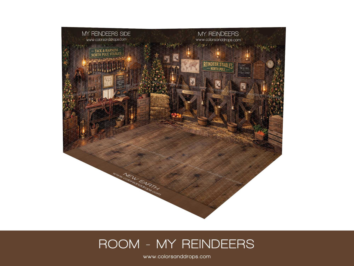 Fond photo d'angle de Noël My Reindeers – écuries des rennes en coin avec parquet | Colors&Drops