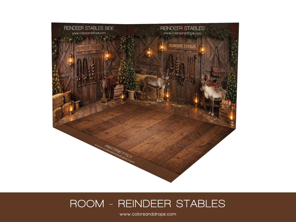 Fond photo d'angle de Noël Reindeer Stables – écuries des rennes illuminées en coin avec parquet | Colors&Drops