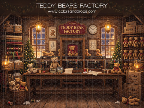 Fond photo de Noël Teddy Bears Factory – fabrique d'ours en peluche avec grande table | Colors&Drops