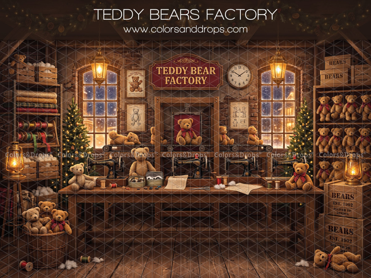 Fond photo de Noël Teddy Bears Factory – fabrique d'ours en peluche avec grande table | Colors&Drops