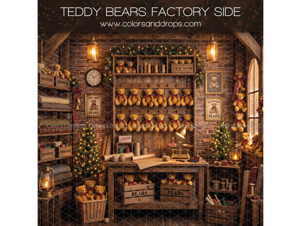 Fondo fotográfico lateral de Navidad Teddy Bears Factory Side – fábrica de osos con estantes y banco | Colors&Drops