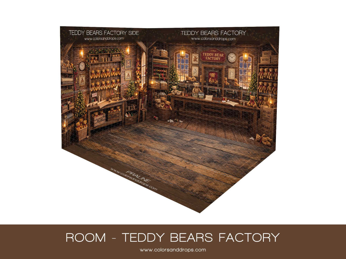Fond photo d'angle de Noël Teddy Bears Factory – fabrique d'ours en peluche en coin avec parquet | Colors&Drops