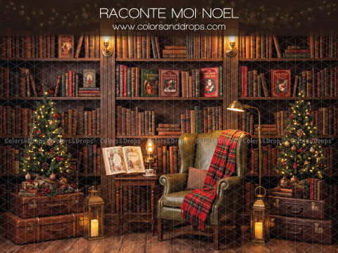 Christmas photo backdrop Raconte Moi Noel – Christmas library with green armchair and plaid | Colors&Drops