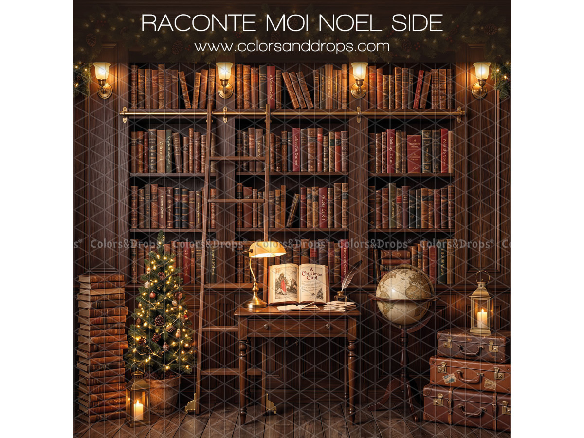 Fond photo latéral de Noël Raconte Moi Noel Side – bibliothèque de Noël avec bureau et globe | Colors&Drops