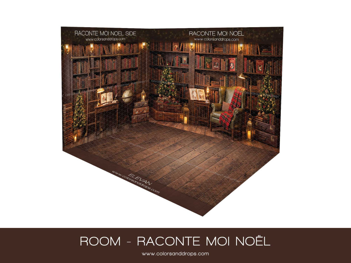 Fondo fotográfico de esquina Raconte Moi Noel – biblioteca navideña en esquina con parquet | Colors&Drops