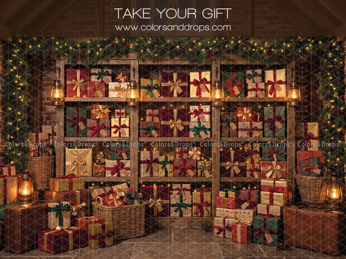 Christmas photo backdrop Take Your Gift – wall of shelves full of Christmas gifts | Colors&Drops