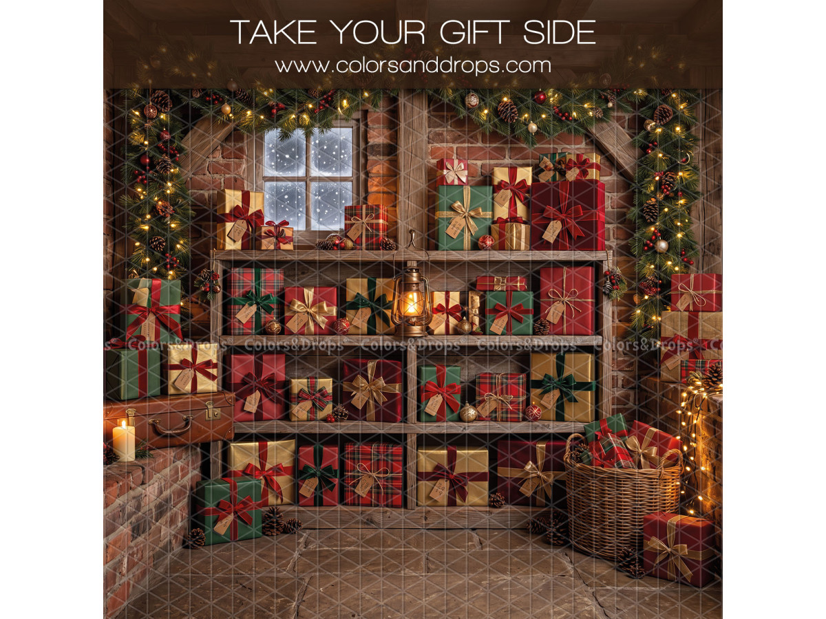 Fond photo latéral de Noël Take Your Gift Side – étagères de cadeaux avec fenêtre enneigée | Colors&Drops