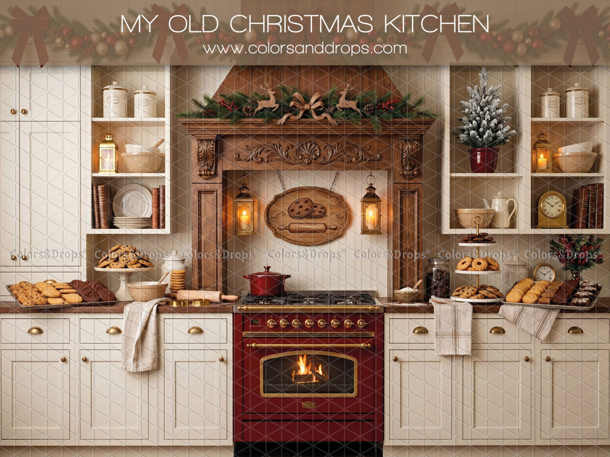 Fond photo de Noël My Odl Christmas Kitchen – cuisine de Noël crème avec piano de cuisson rouge | Colors&Drops
