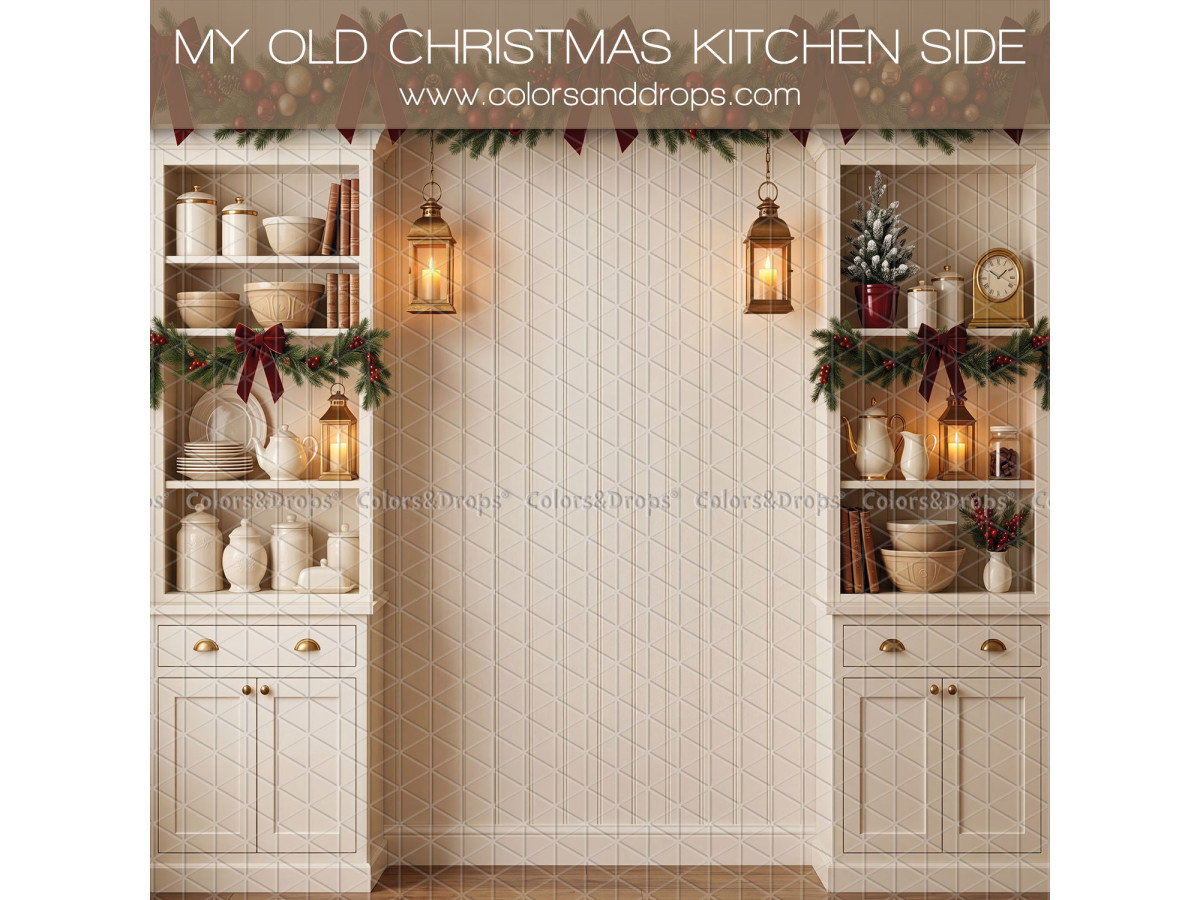 Fondo fotográfico lateral de Navidad My Odl Christmas Kitchen Side – pared de cocina crema con estantes y | Colors&Drops