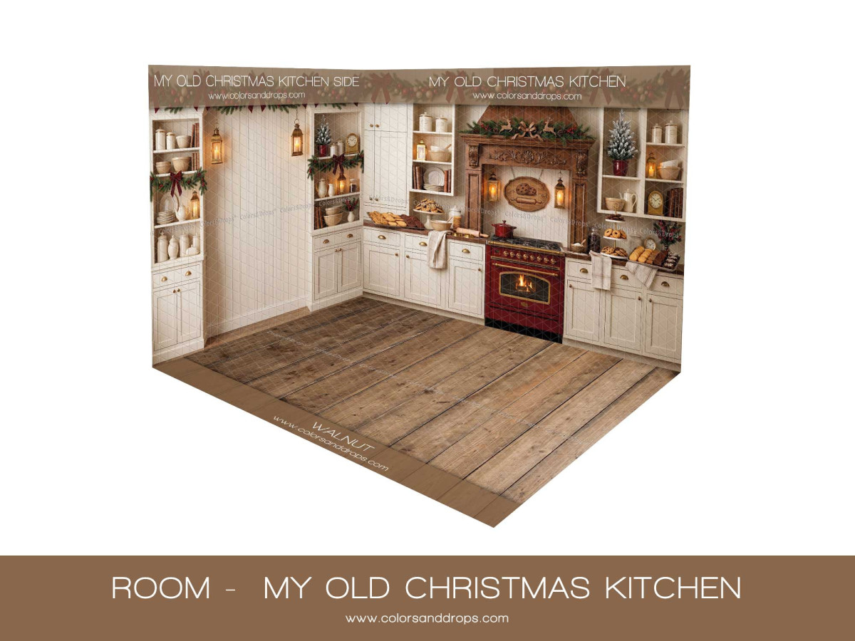 Fond photo d'angle My Odl Christmas Kitchen – cuisine de Noël crème en coin avec parquet | Colors&Drops