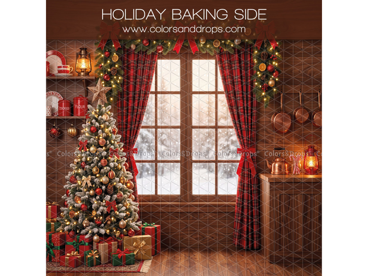 Fond photo latéral de Noël Holiday Baking Side – fenêtre enneigée avec rideaux rouges et sapin | Colors&Drops