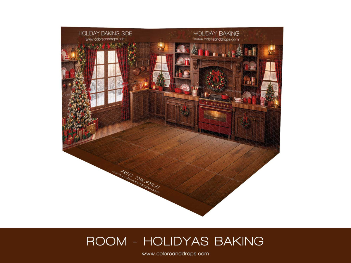 Fond photo d'angle de Noël Holiday Baking – cuisine de Noël en bois en coin avec parquet | Colors&Drops