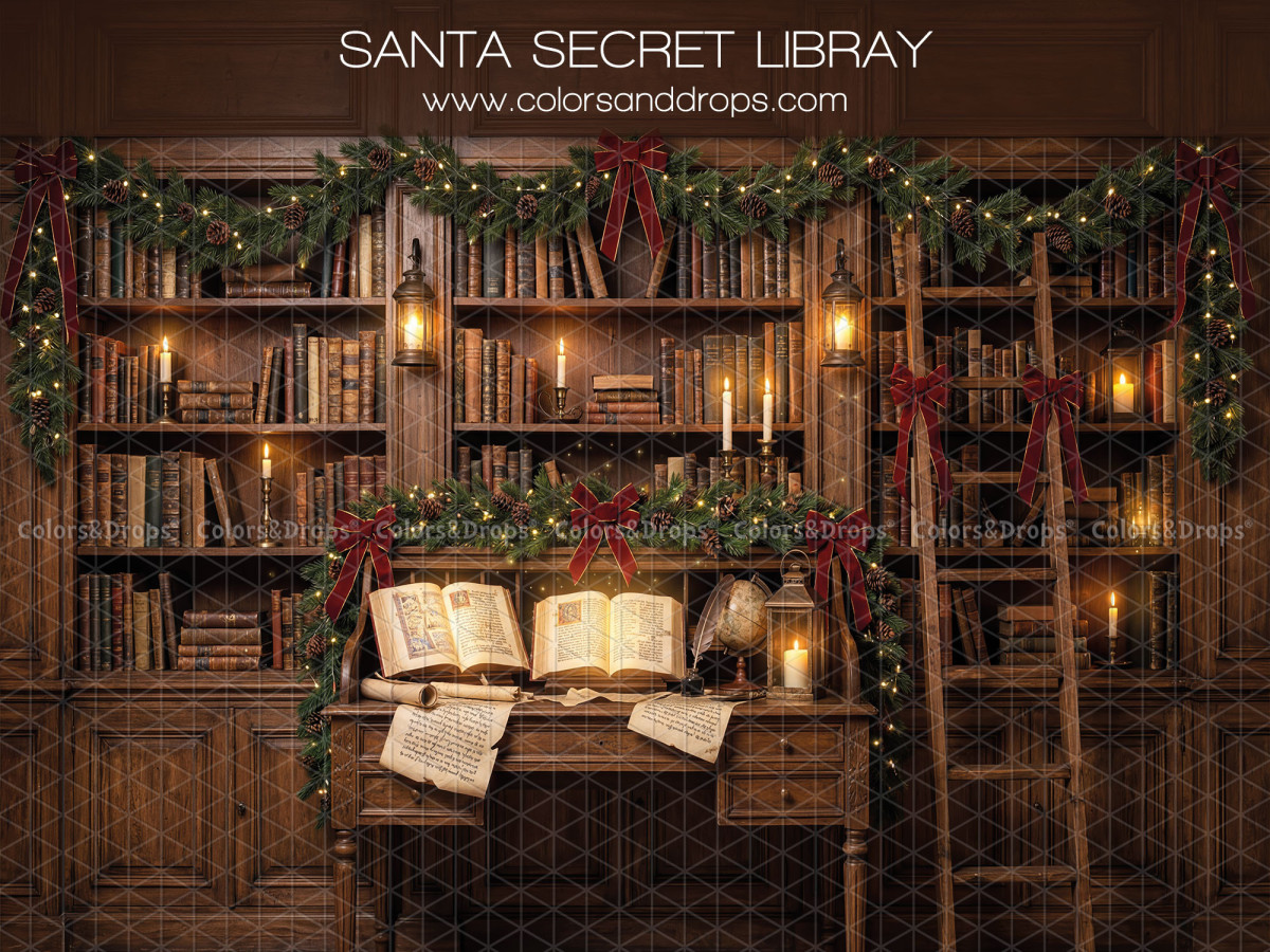 Fondo fotográfico de Navidad Santa Secret Library – biblioteca secreta de Papá Noel con escalera | Colors&Drops