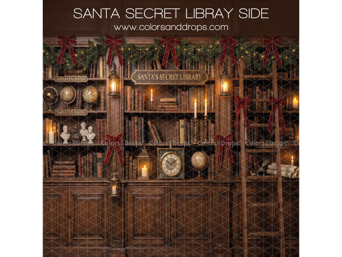 Fondo fotográfico lateral de Navidad Santa Secret Library Side – biblioteca de Papá Noel con velas | Colors&Drops