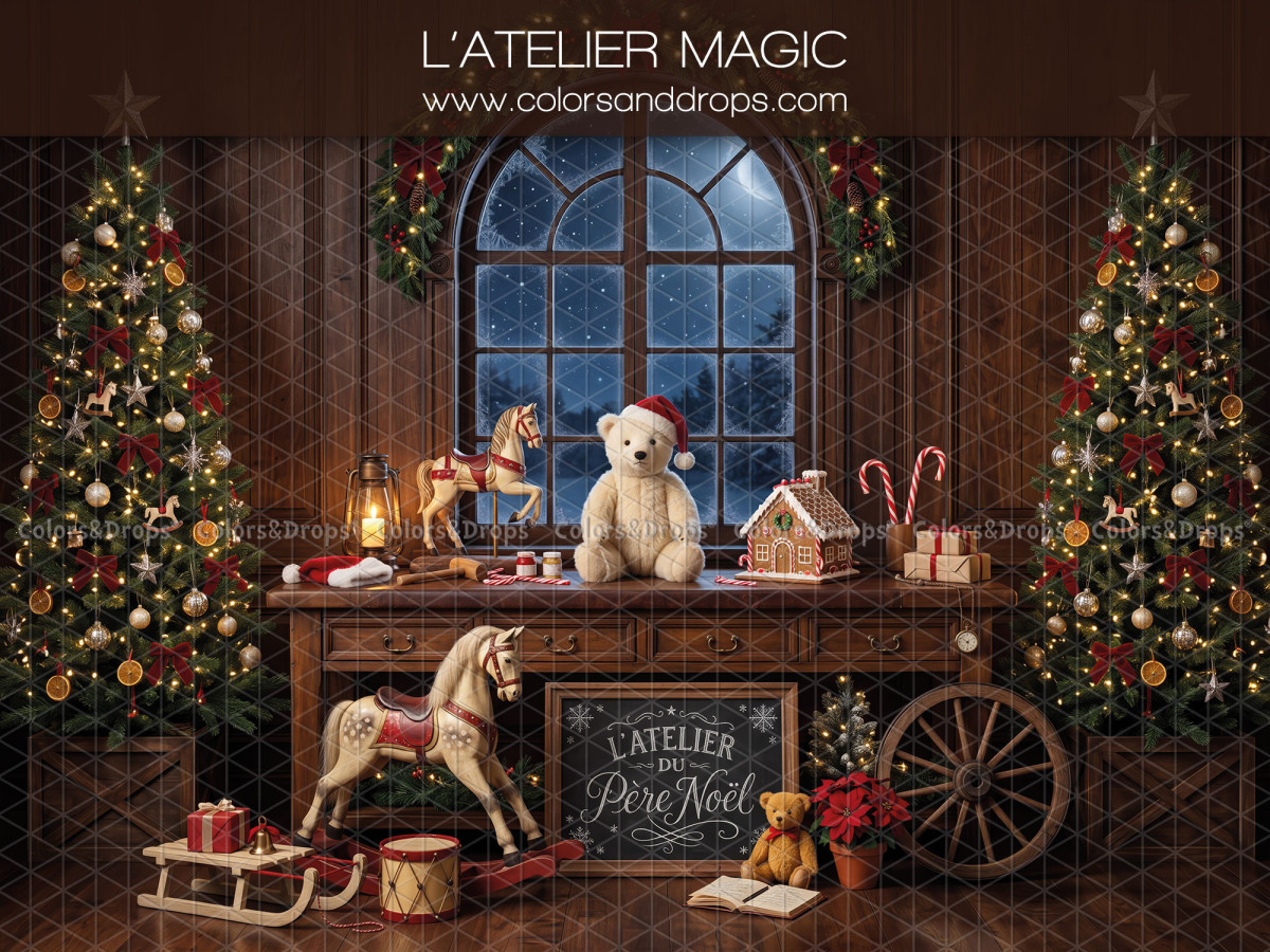 Fondo fotográfico de Navidad L'Atelier Magic – taller mágico con caballito de balancín y oso blanco | Colors&Drops