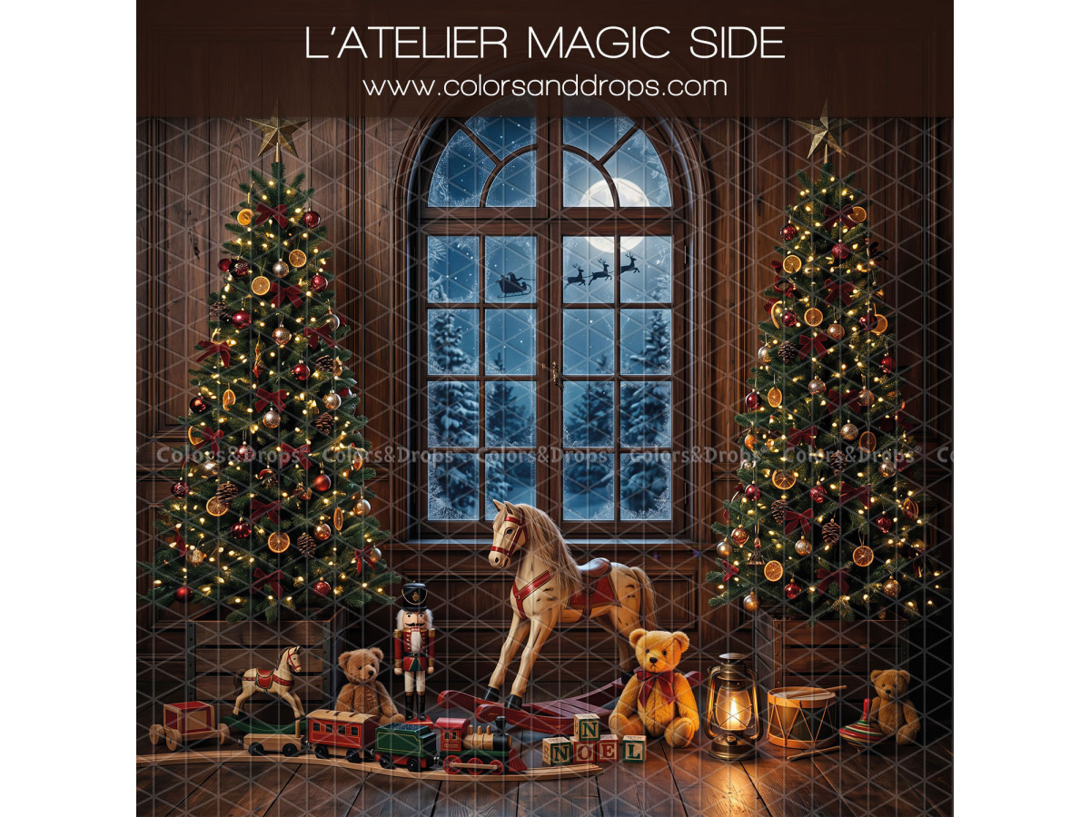 Fond photo latéral de Noël L'Atelier Magic Side – atelier magique avec fenêtre de nuit et jouets | Colors&Drops
