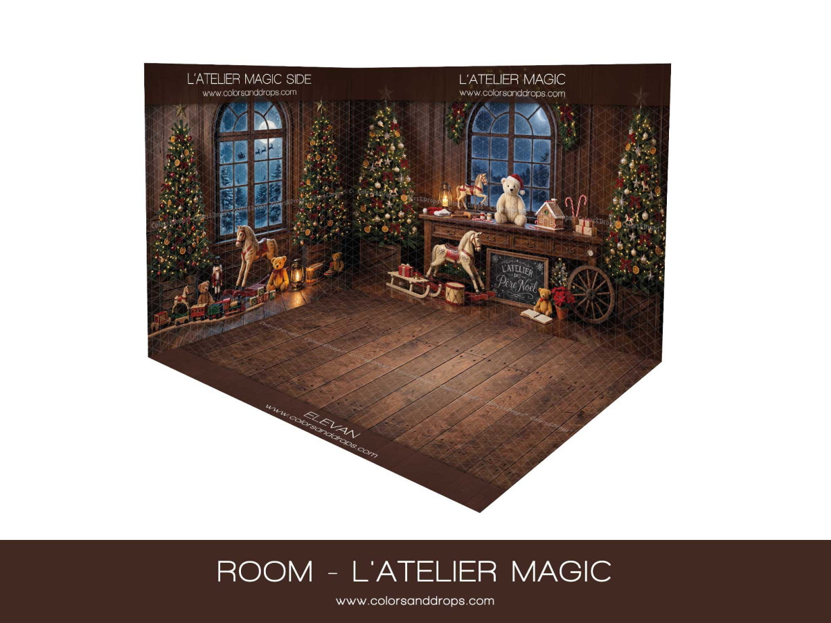 Fond photo d'angle de Noël L'Atelier Magic – atelier magique de Noël en coin avec parquet | Colors&Drops