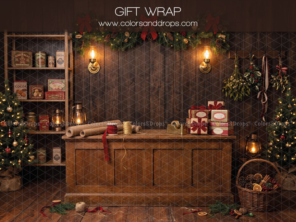 Fond photo de Noël Gift Wrap – comptoir d'emballage cadeaux en bois avec guirlande | Colors&Drops