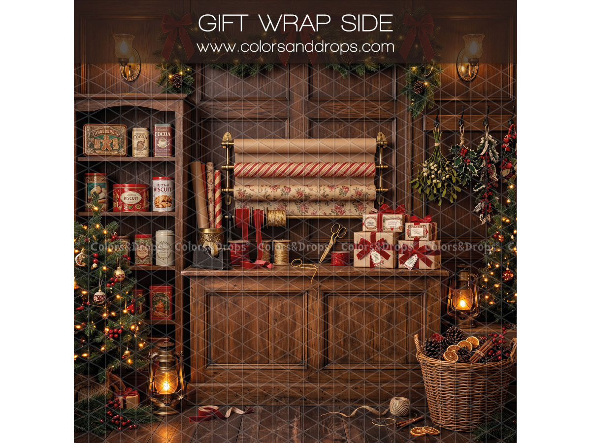 Fond photo latéral de Noël Gift Wrap Side – comptoir d'emballage avec rouleaux de papier | Colors&Drops