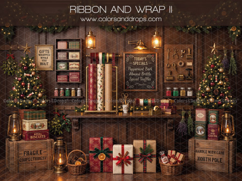 Fond photo de Noël Ribbon and Wrap II – boutique de rubans et papier cadeau avec ardoise | Colors&Drops