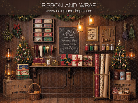Fond photo de Noël Ribbon and Wrap – boutique de rubans de Noël avec rouleaux et caisses | Colors&Drops