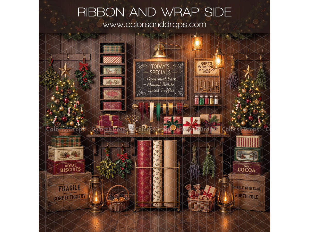 Fond photo latéral de Noël Ribbon and Wrap Side – boutique de rubans avec sapins | Colors&Drops