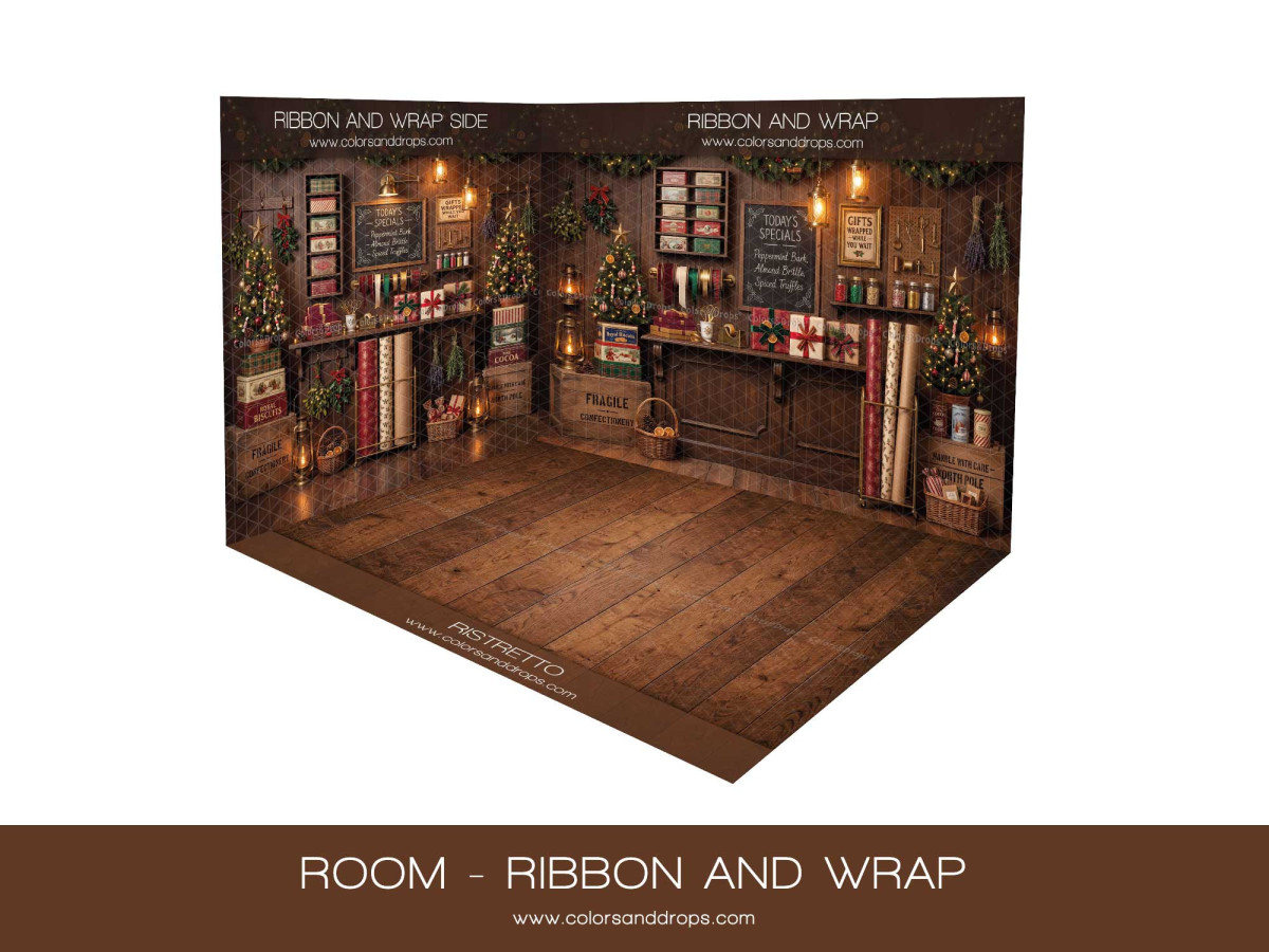 Fond photo d'angle de Noël Ribbon and Wrap – boutique de rubans de Noël en coin avec parquet | Colors&Drops
