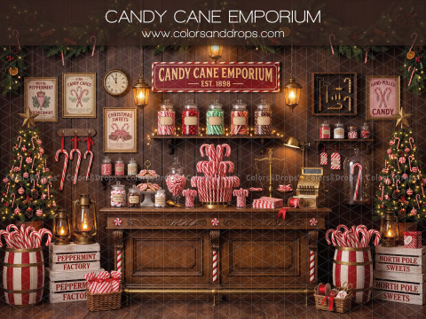 Fond photo de Noël Candy Cane Emporium – confiserie de sucres d'orge avec bocaux de bonbons | Colors&Drops
