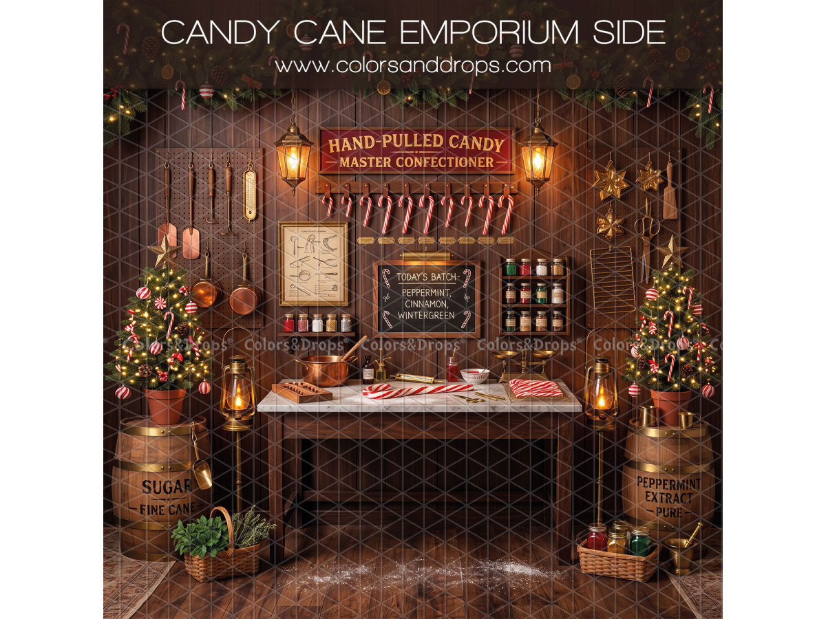 Christmas side photo backdrop Candy Cane Emporium Side – candy cane workshop with table and barrels | Colors&Drops