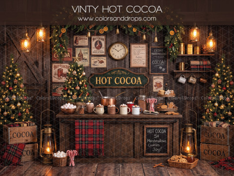 Fond photo de Noël Vinty Hot Cocoa – comptoir Hot Cocoa vintage avec sapins et lanternes | Colors&Drops