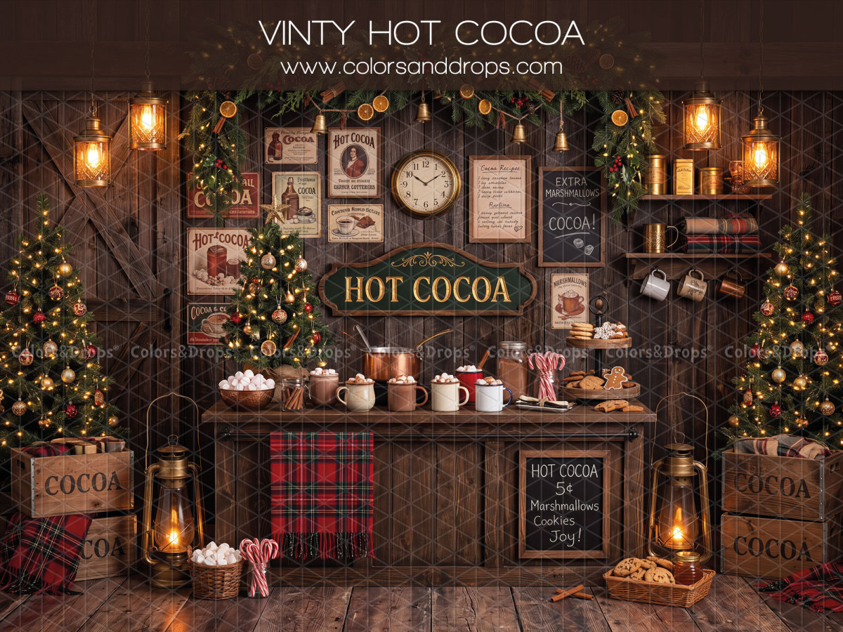 Fond photo de Noël Vinty Hot Cocoa – comptoir Hot Cocoa vintage avec sapins et lanternes | Colors&Drops