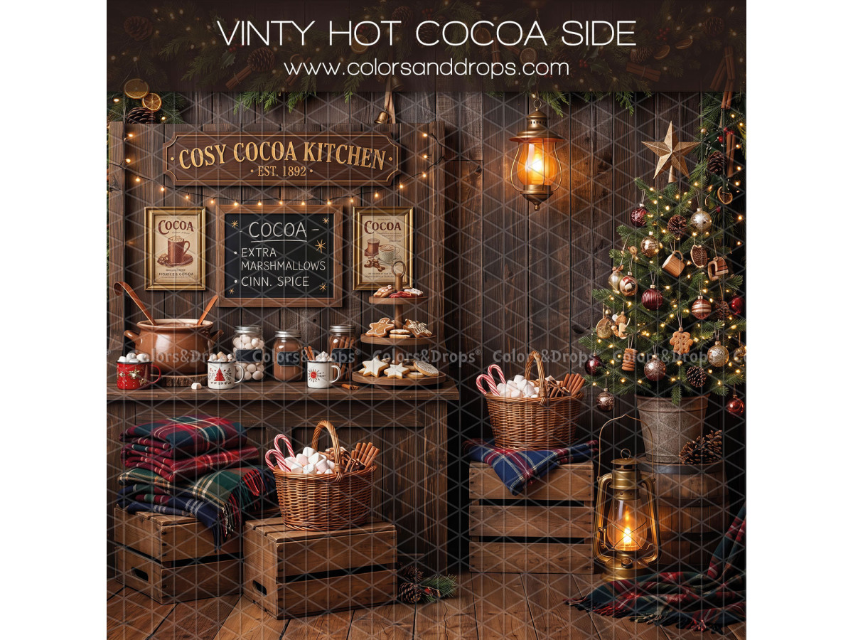 Fond photo latéral de Noël Vinty Hot Cocoa Side – cuisine du chocolat chaud avec caisses et plaids | Colors&Drops