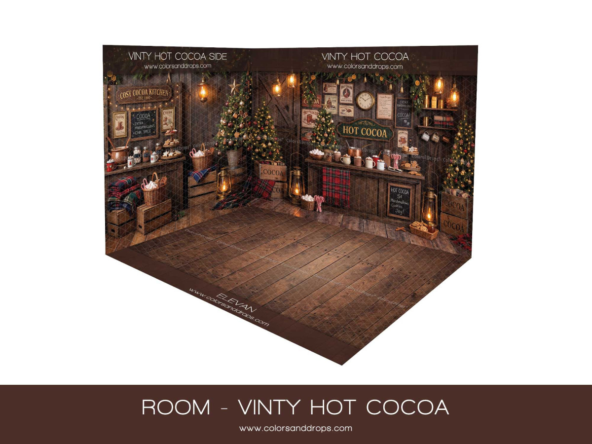 Fond photo d'angle de Noël Vinty Hot Cocoa – comptoir Hot Cocoa vintage en coin avec parquet | Colors&Drops