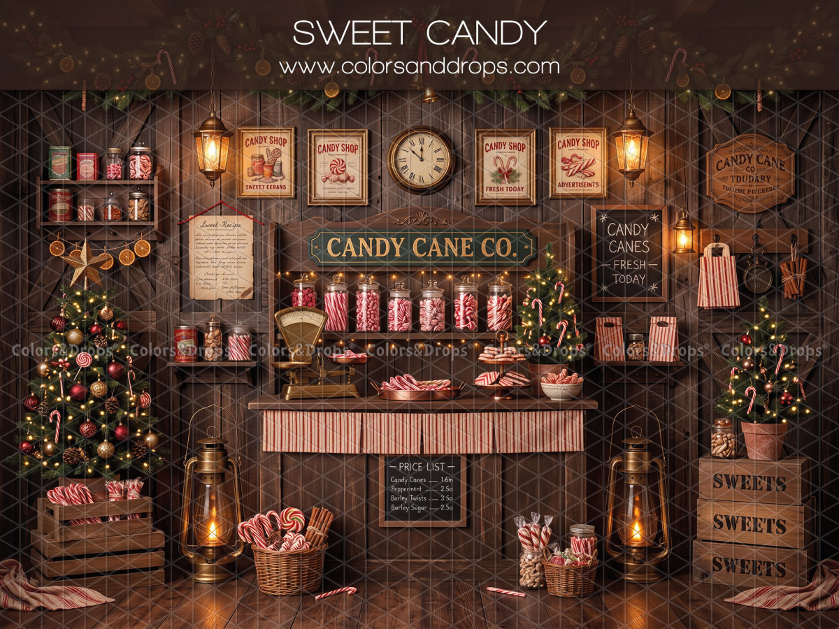 Fond photo de Noël Sweet Candy – confiserie Candy Cane avec bocaux et comptoir | Colors&Drops