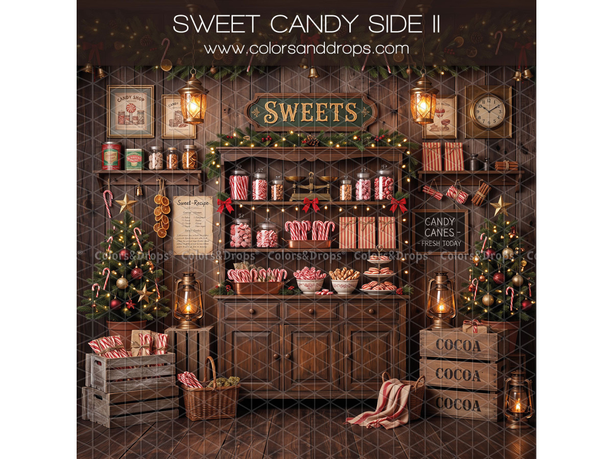 Fondo fotográfico lateral de Navidad Sweet Candy Side II – confitería Sweets con estantes de tarros | Colors&Drops