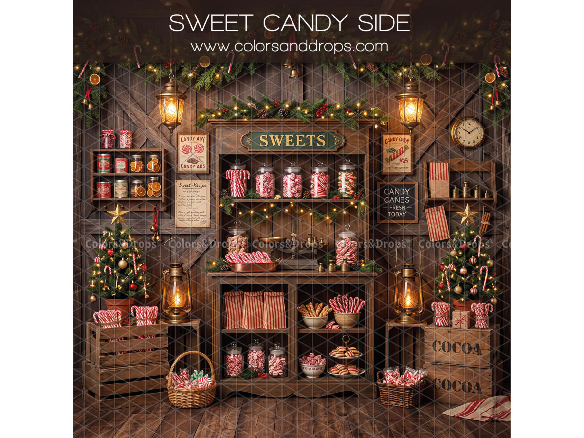 Fondo fotográfico lateral de Navidad Sweet Candy Side – confitería con aparador de dulces | Colors&Drops