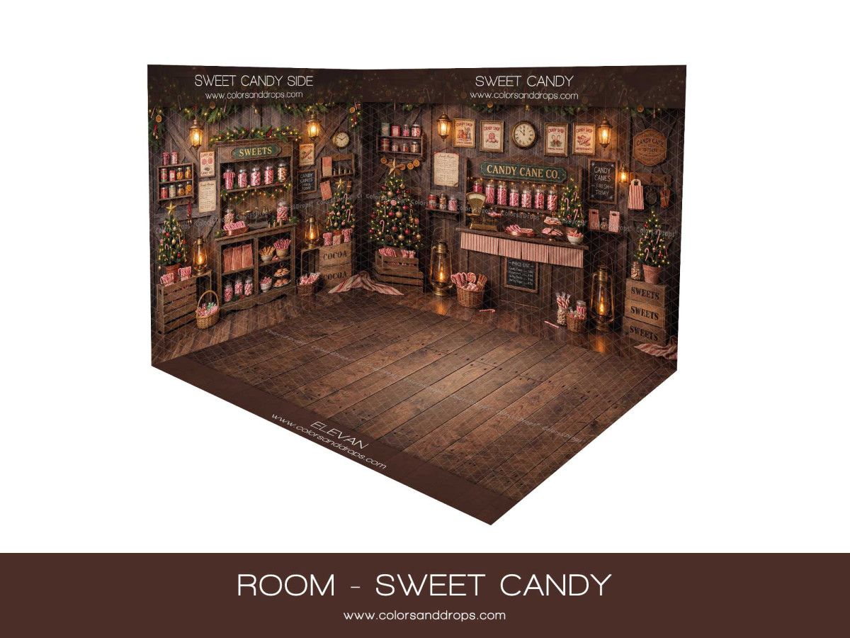 Fondo fotográfico de esquina de Navidad Sweet Candy – confitería navideña en esquina con parquet | Colors&Drops