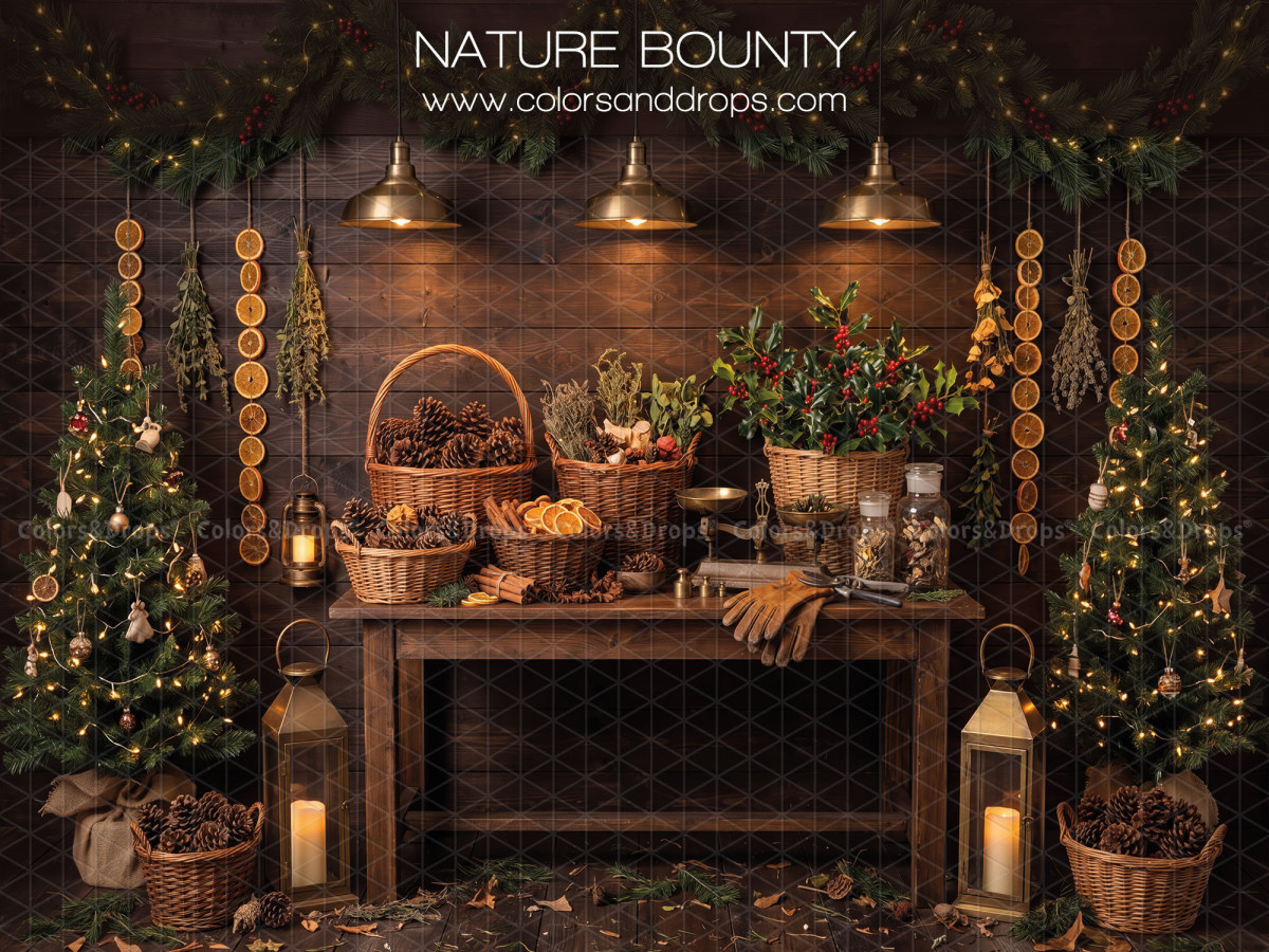 Fond photo de Noël Nature Bounty – table de récolte avec paniers et oranges séchées | Colors&Drops