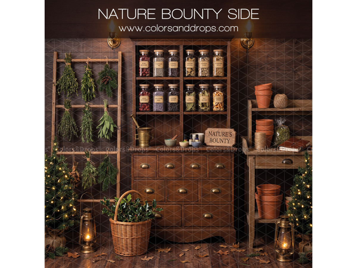 Fond photo latéral de Noël Nature Bounty Side – buffet en bois avec bocaux et herbes séchées | Colors&Drops