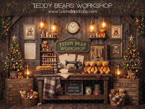 Fond photo de Noël Teddy Bears Workshop – atelier d'ours en peluche avec machine à coudre | Colors&Drops