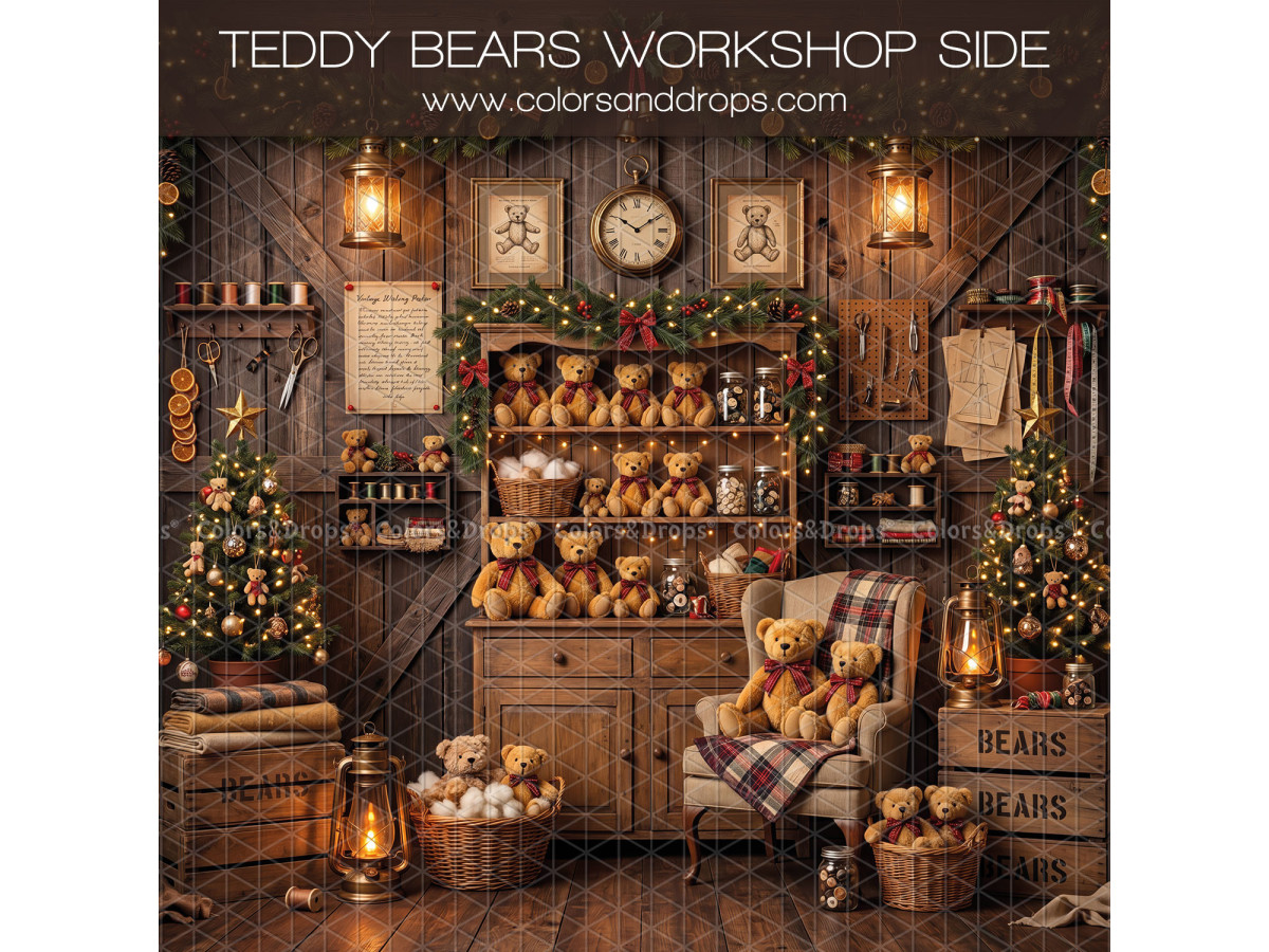 Fond photo latéral de Noël Teddy Bears Workshop Side – atelier d'ours avec étagères et fauteuil | Colors&Drops