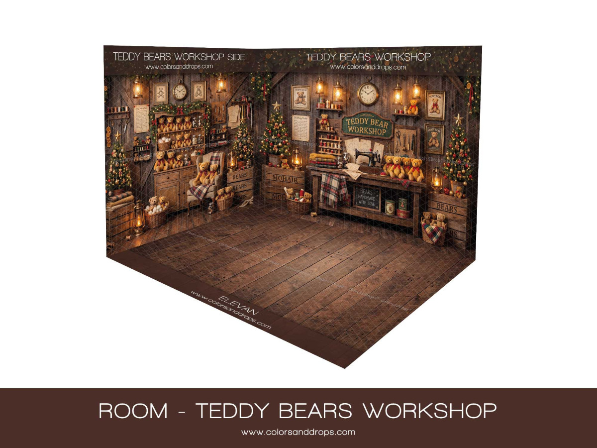 Fond photo d'angle de Noël Teddy Bears Workshop – atelier d'ours en peluche en coin avec parquet | Colors&Drops