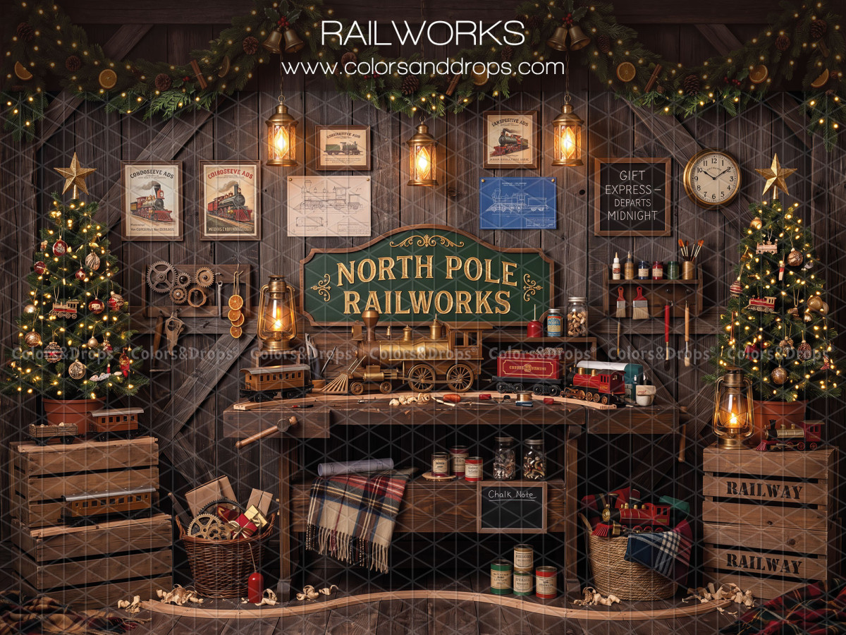 Fond photo de Noël Railworks – atelier North Pole Railworks avec établi et caisses | Colors&Drops
