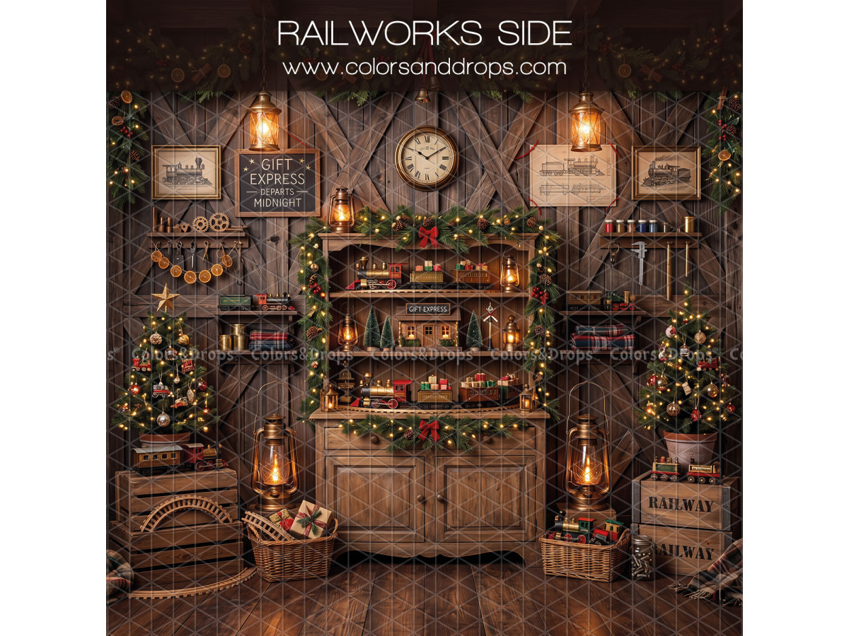 Fond photo latéral de Noël Railworks Side – buffet de trains miniatures avec horloge | Colors&Drops