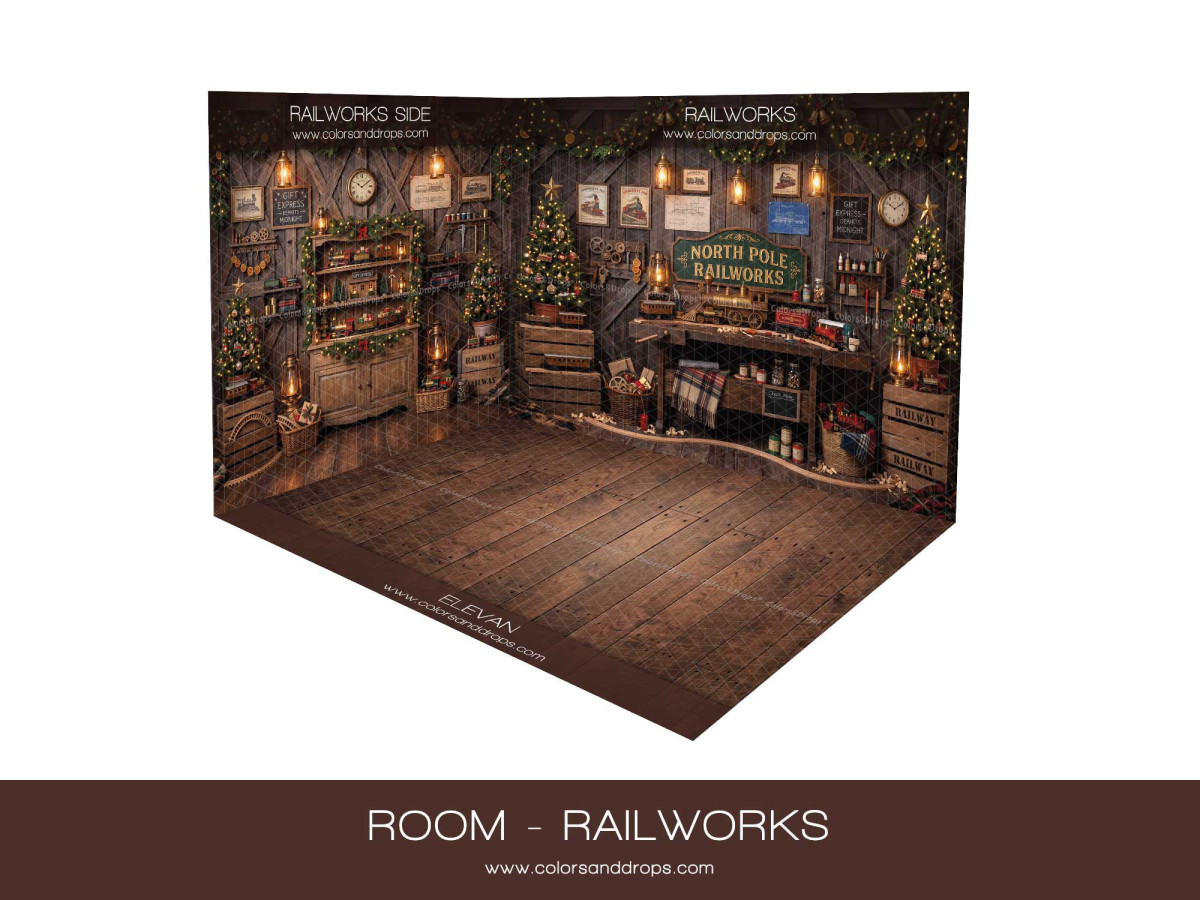 Fond photo d'angle de Noël Railworks – atelier des trains de Noël en coin avec parquet | Colors&Drops