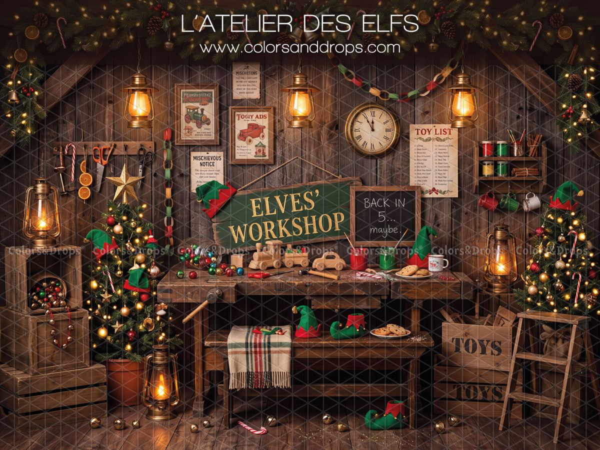 Fond photo de Noël L'Atelier des Elfs – atelier des elfes avec établi, horloge et échelle | Colors&Drops