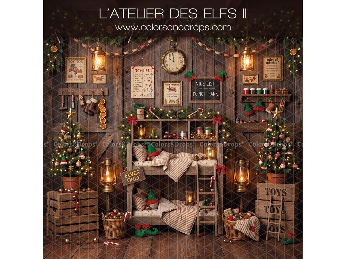 Fondo fotográfico lateral de Navidad L'Atelier des Elfs II – dormitorio de los elfos con literas y estantes | Colors&Drops