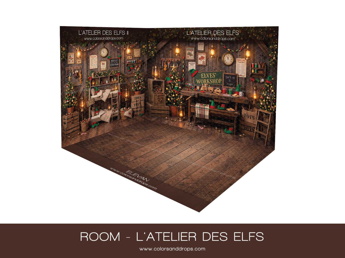 Fond photo d'angle de Noël L'Atelier des Elfs – atelier des elfes en coin avec parquet | Colors&Drops
