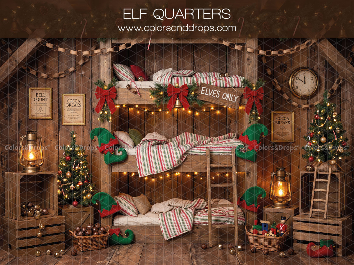 Fond photo de Noël Elf Quarters – quartiers des elfes avec lits superposés rayés | Colors&Drops