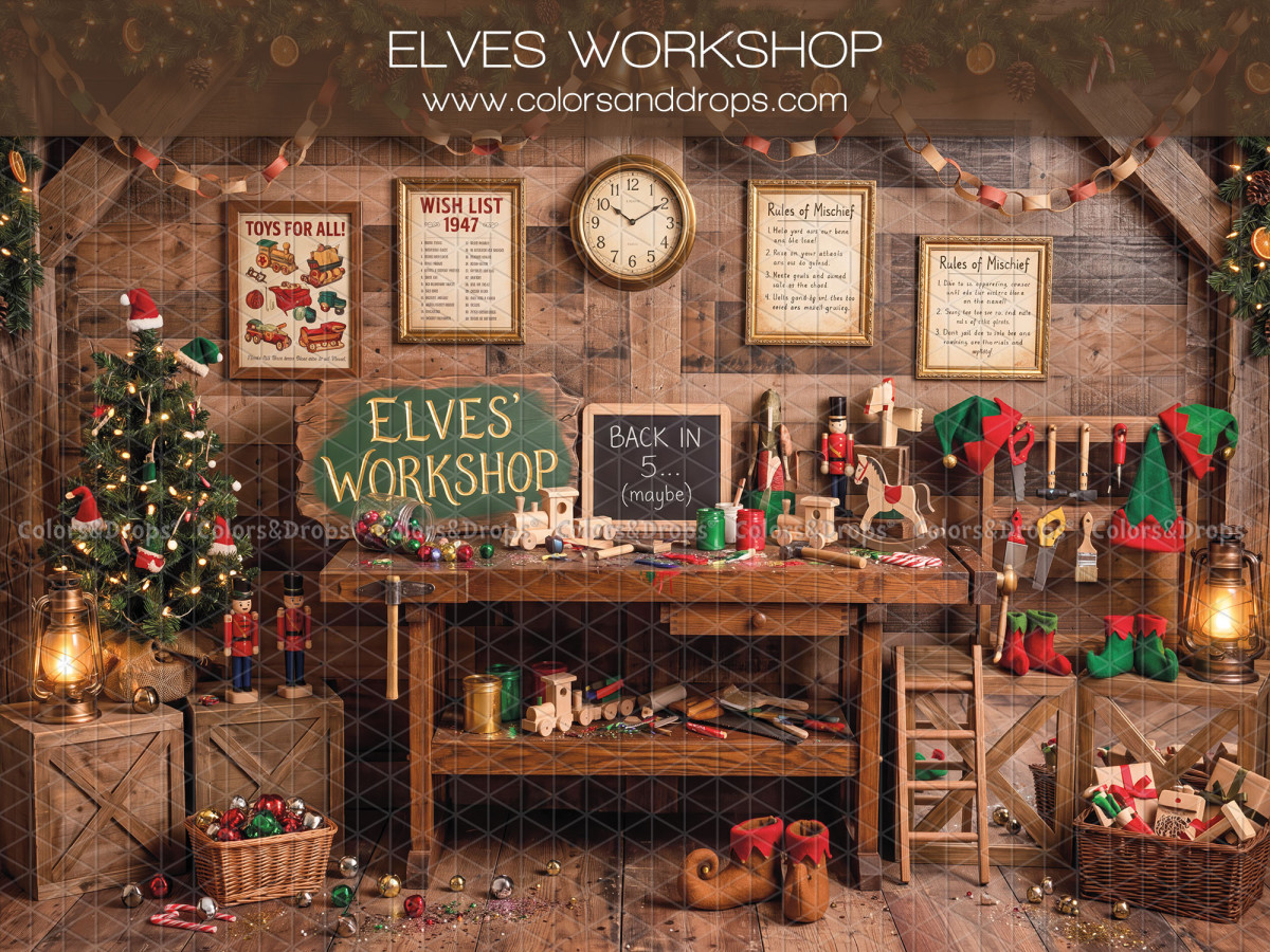 Fond photo de Noël Elves Workshop – atelier des elfes avec établi et cheval à bascule | Colors&Drops